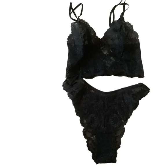Vtg 80s Victoria’s Secret lingerie set of 2 strappy bralette and panties black